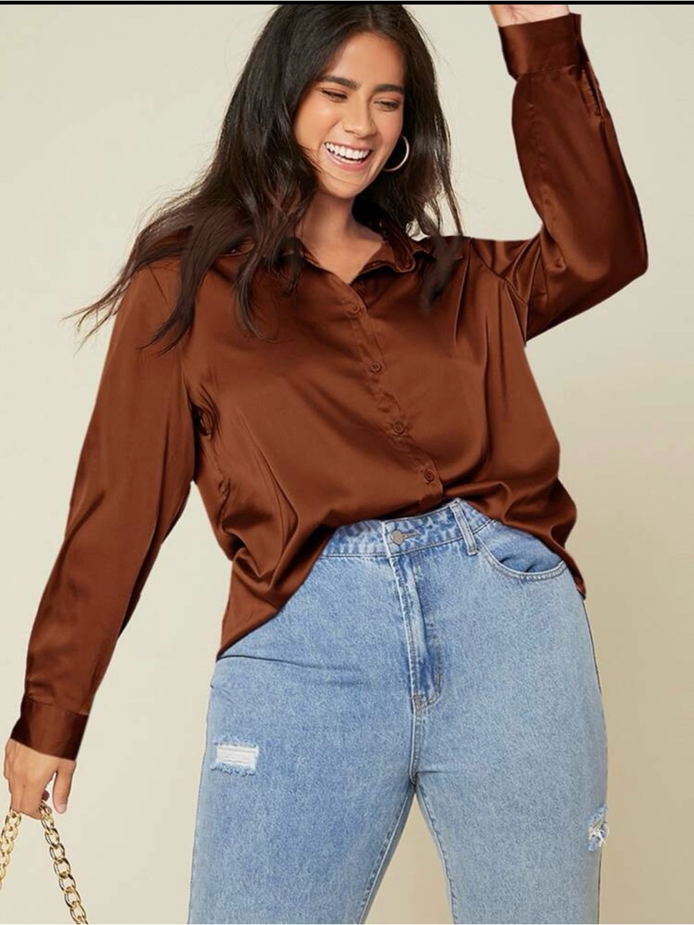 Amazon Satin Button-Down Blouse in Chocolate Brown